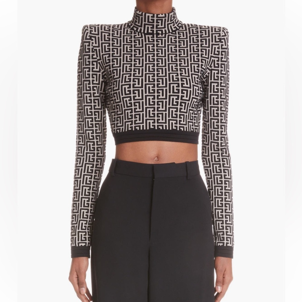 Balmain Monogram Jacquard Crop Wool Blend Sweater